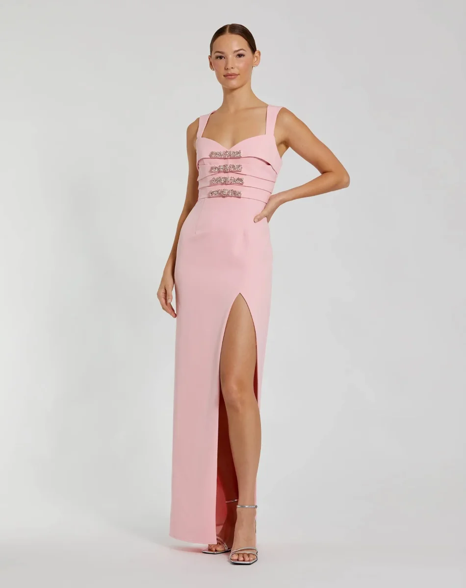 Pink Sleeveless Crepe Gown With Embellished Bows