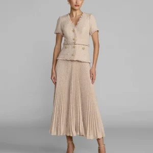Light Pink Boucle Button Front Pleated Dress