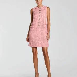Pink Boucle Sleeveless Mini Dress with Gold Buttons
