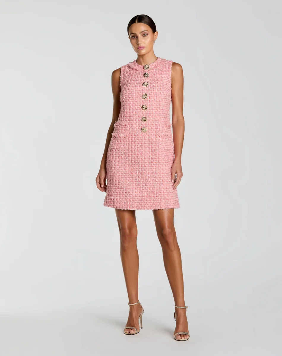 Pink Boucle Sleeveless Mini Dress with Gold Buttons