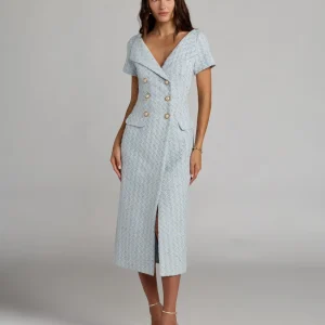 Blue Boucle Cap Sleeve Fitted Midi Dress
