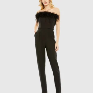 Strapless Jumpsuit with Feather Trim