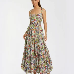 Multicolor Ruffle Scoop Neck Floral A-Line Dress
