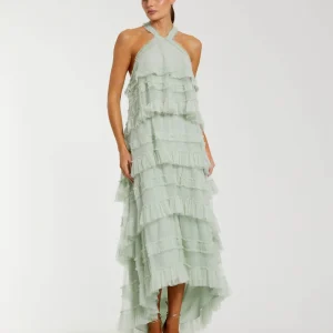 Green Tiered Ruffle Halter Neck Midi Dress