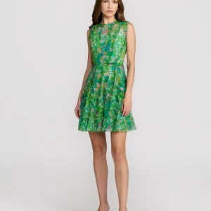 Green Multicolor Micro Ruffle Floral A-Line Mini Dress
