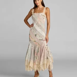 Multicolor Floral Chiffon Midi Dress With Lace Trim