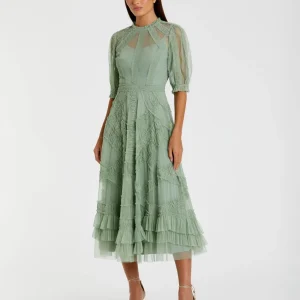 Petite Green High Neck Ruffle Tiered A-Line Midi Dress