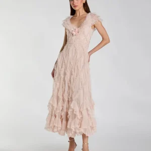 Petite Pink Micro Ruffle Cap Sleeve A-Line Midi Dress