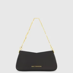 Black Small Leather Shoulder Bag with Gold Chain