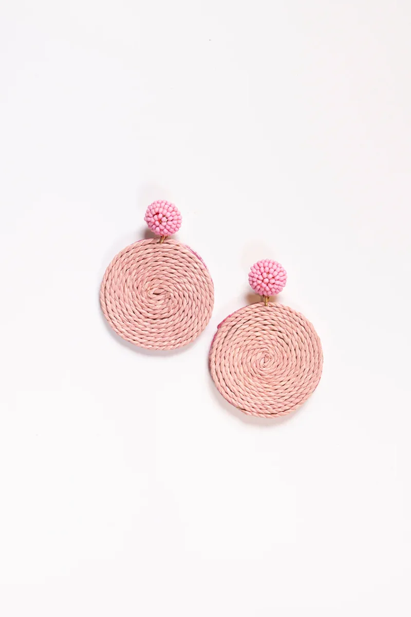 Round Beaded and Woven Earrings in Light Pink